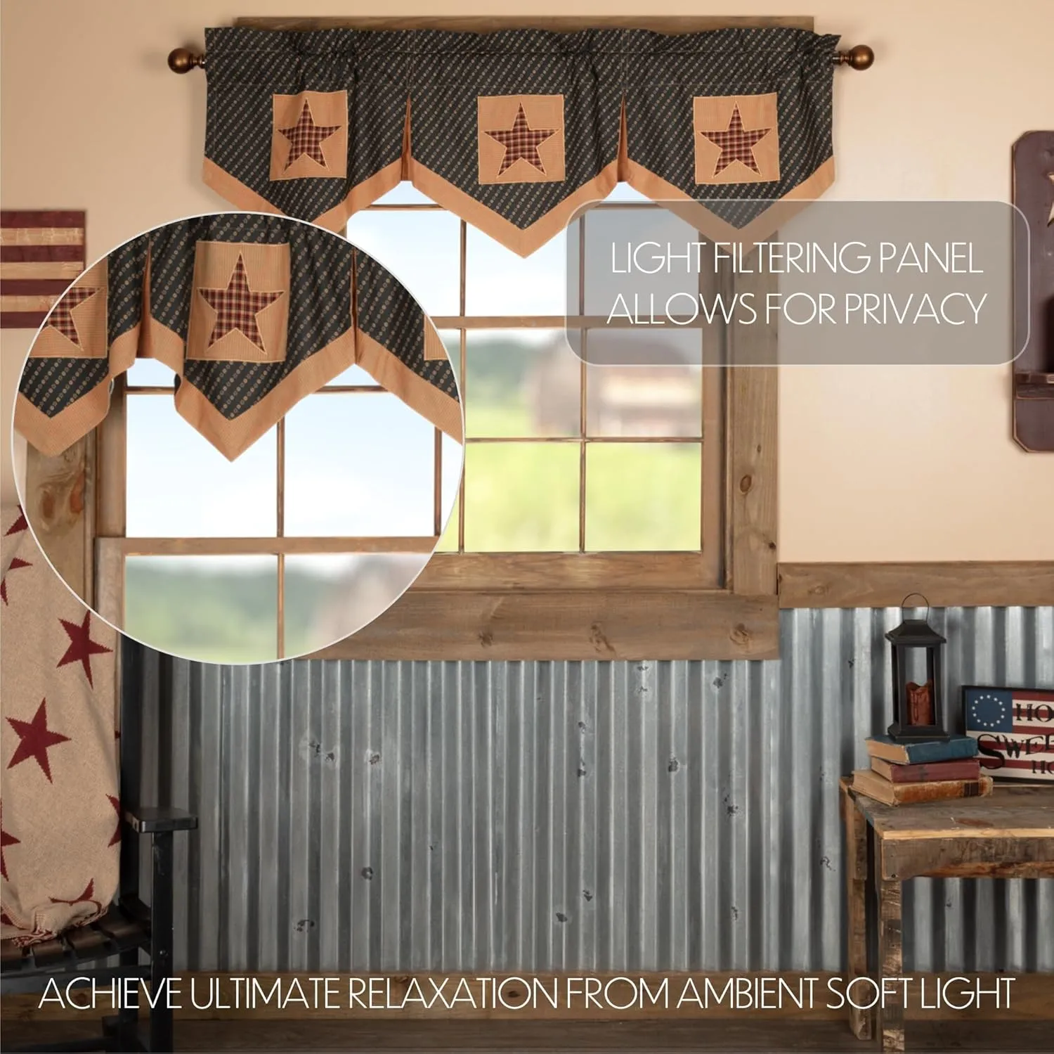 VHC Brands Primitive-Kitchen Curtains Patriotic Patch-Rod Pocket Cotton Hanging Loops Appliqued Star 20x60 Valance, Deep Red