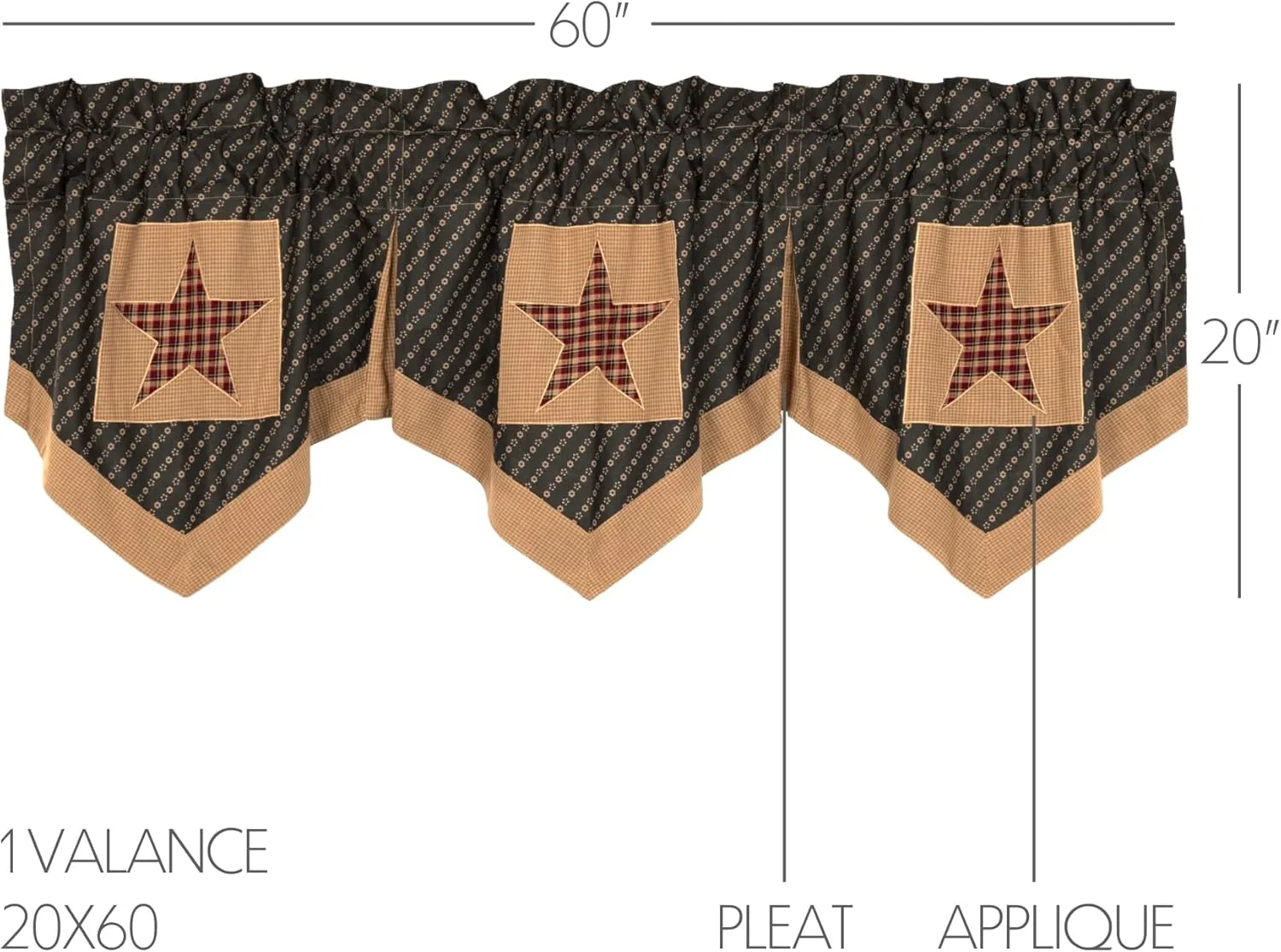 VHC Brands Primitive-Kitchen Curtains Patriotic Patch-Rod Pocket Cotton Hanging Loops Appliqued Star 20x60 Valance, Deep Red