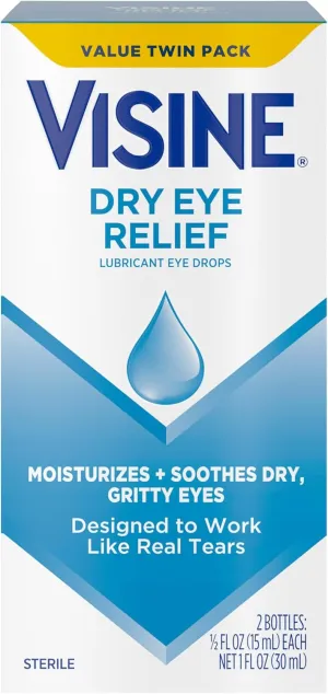 Visine Dry Eye Relief Lubricant Eye Drops to Moisturize and Soothe Irritated, Gritty and Dry Eyes, Designed to Work Like Real Tears, Polyethylene Glycol 400, 0.5 fl. oz, 2 Pack