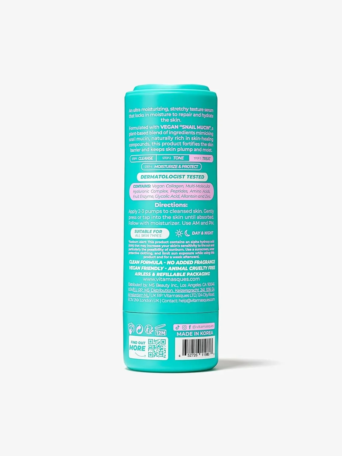 Vitamasques Vegan Snail Mucin Serum Moisturizer With Aloe Vera Complex Korean Skin Care- 1.01 fl. oz