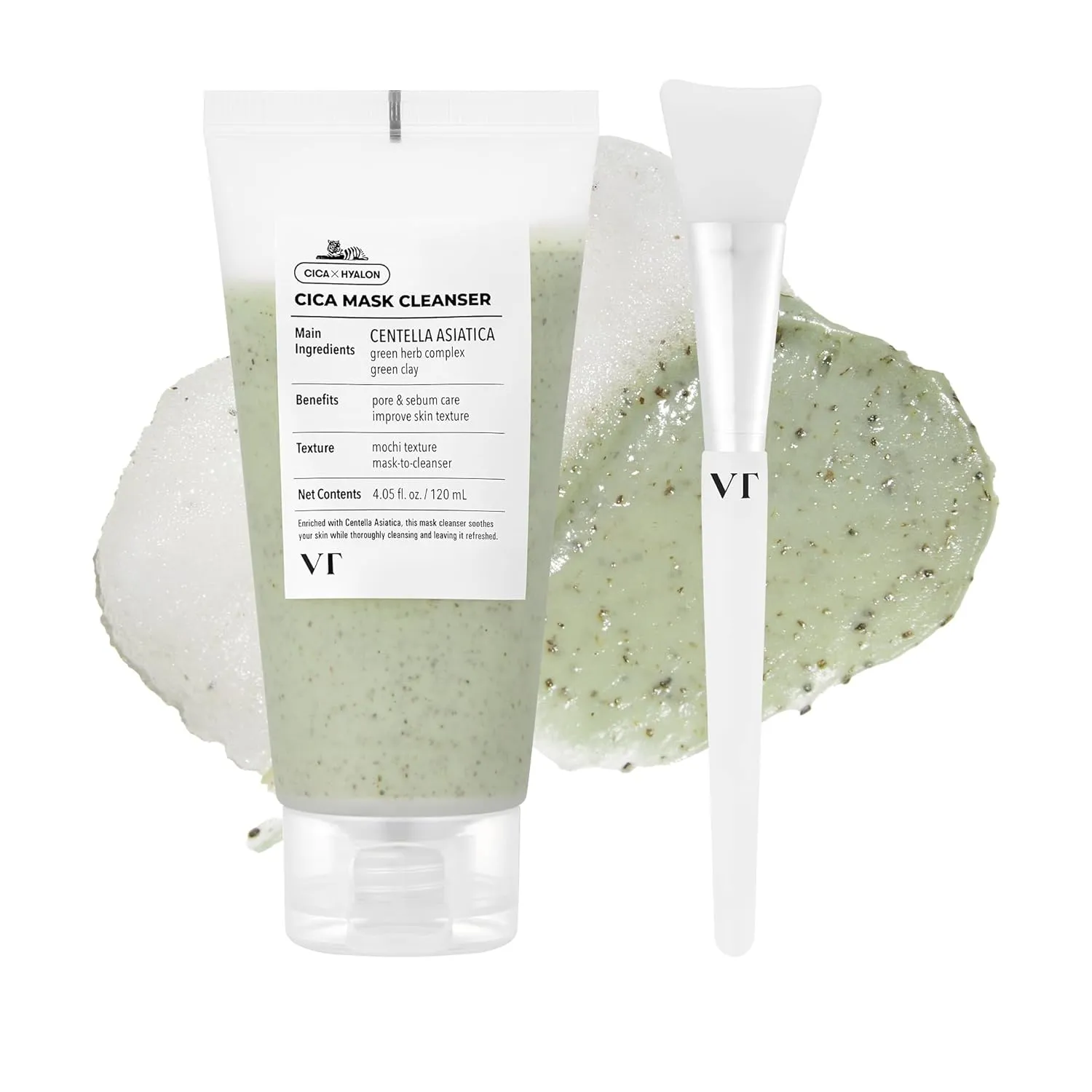 VT COSMETICS CICA Mask Cleanser with Brush, 2-in-1 Facial Wash, Non-Drying Clay Mask, Gentle Pore Care, Exfoliating, Centella Asiatica for Acne-Prone & Sensitive Skin, Korean Skincare (4.05 fl. oz)