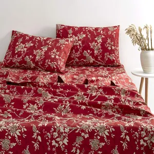 Wake In Cloud - Floral Bed Sheets, 4-Piece Sheet Set, Vintage Flower Shabby Chic Botanical Coquette Cottagecore, Soft Microfiber Deep Pocket Bedding, Red, Full Size