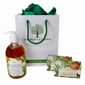 Wavertree & London Luxury Pineapple, Coconut & Lime Scented Spa Gift Set – Liquid Soap, 2 Soap Bars & Gift Bag – Natural Moisturizing Skin Care Pack, Perfect Birthday Gift for Women & Men