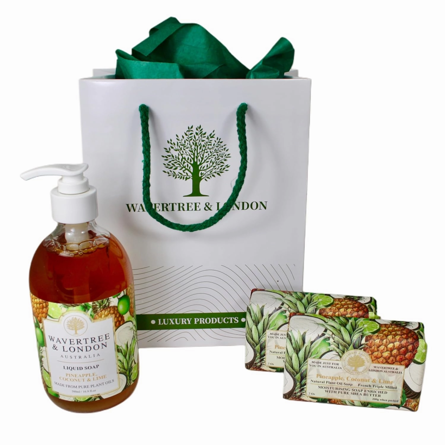 Wavertree & London Luxury Pineapple, Coconut & Lime Scented Spa Gift Set – Liquid Soap, 2 Soap Bars & Gift Bag – Natural Moisturizing Skin Care Pack, Perfect Birthday Gift for Women & Men
