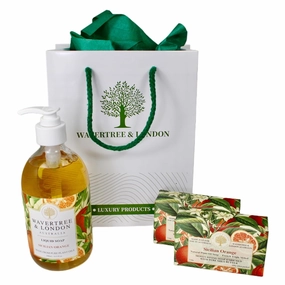 Wavertree & London Luxury Sicilian Orange Scented Spa Gift Set Liquid Soap, 2 Soap Bars & Gift Bag Natural Moisturizing Skin Care Pack for Women & Men