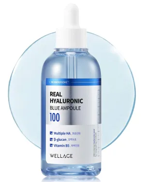 WELLAGE Real Hyaluronic Blue Ampoule 100, Fragrance Free Hyaluronic Acid Ampoule, Hydrating Non Sticky Serum for Sensitive Dry Skin, 2.54 fl.oz