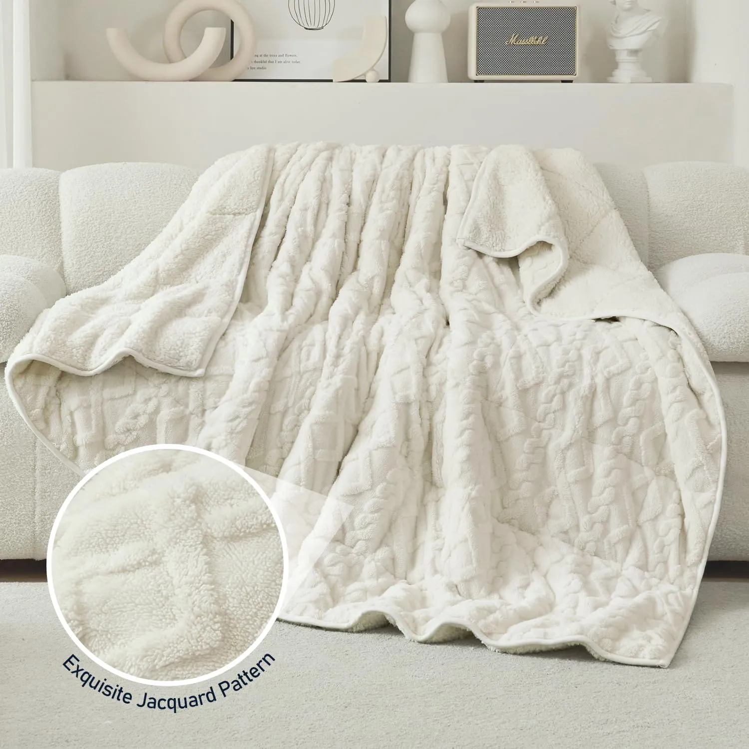 Wemore Weighted Blanket for Adults Twin Size 15 lbs, Dual Sided Soft Fuzzy Jacquard Sherpa Weighted Blankets for Sleeping, Cozy Fluffy Knitted Heavy Blanket for Couch Bed, Cream White, 48 x 72 inches