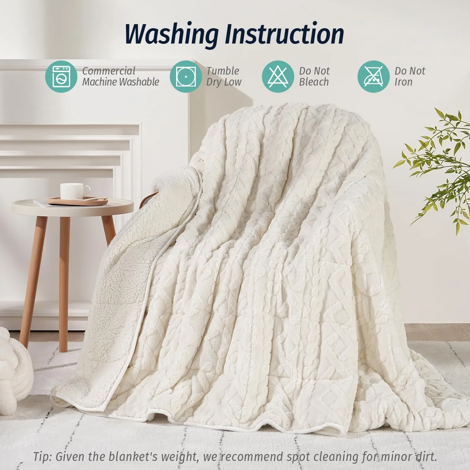 Wemore Weighted Blanket for Adults Twin Size 15 lbs, Dual Sided Soft Fuzzy Jacquard Sherpa Weighted Blankets for Sleeping, Cozy Fluffy Knitted Heavy Blanket for Couch Bed, Cream White, 48 x 72 inches