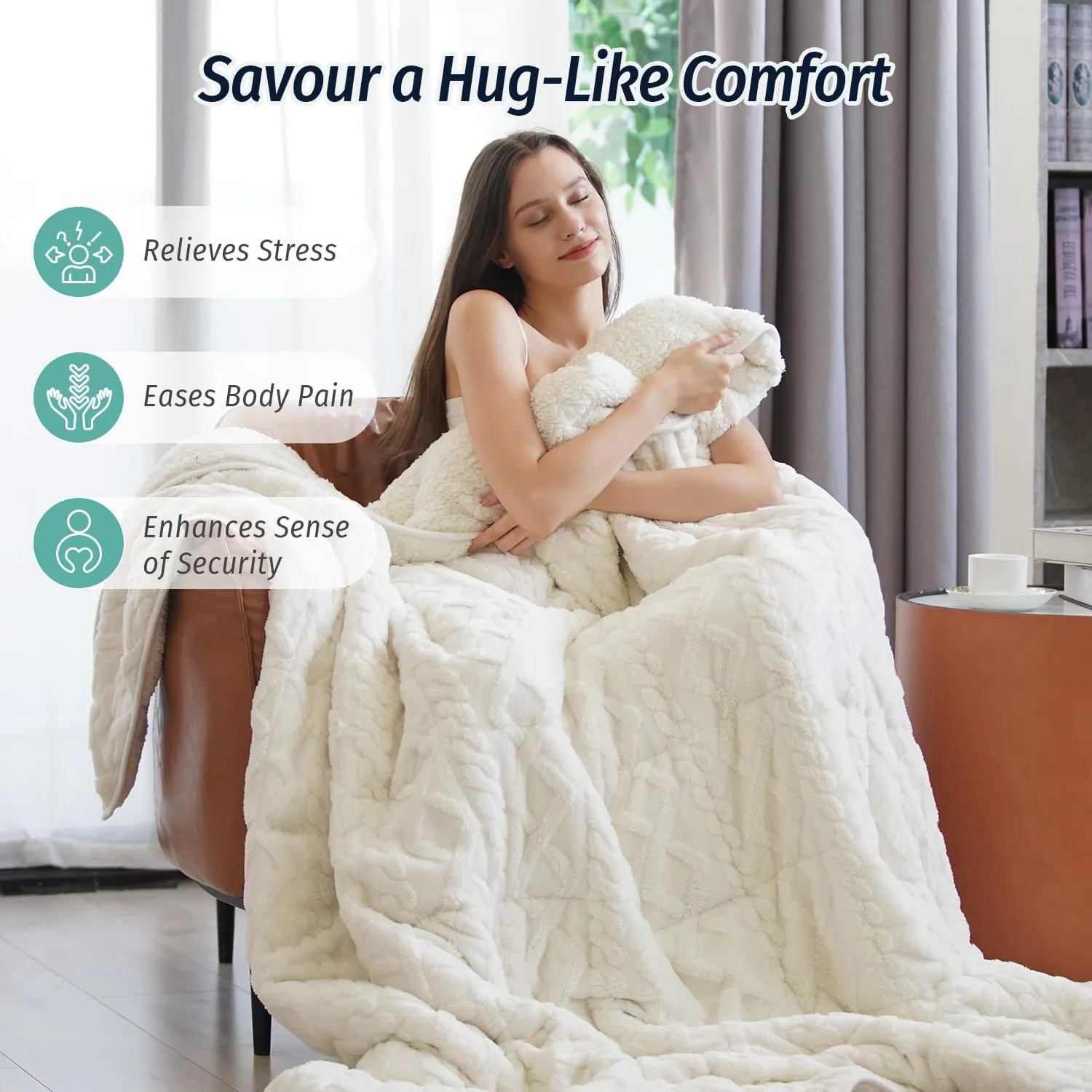 Wemore Weighted Blanket for Adults Twin Size 15 lbs, Dual Sided Soft Fuzzy Jacquard Sherpa Weighted Blankets for Sleeping, Cozy Fluffy Knitted Heavy Blanket for Couch Bed, Cream White, 48 x 72 inches