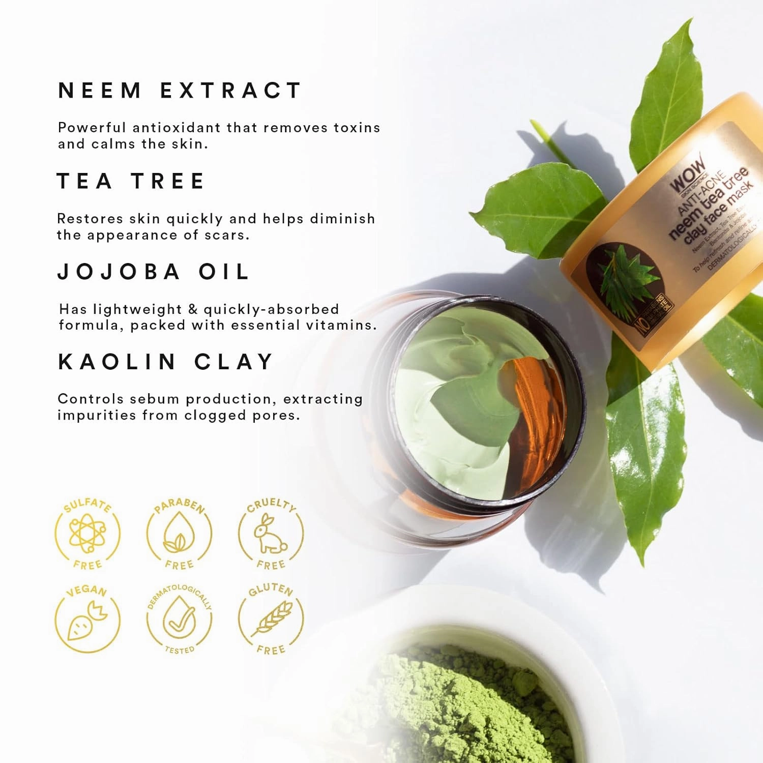 WOW Skin Science Refreshing & Refining Anti-Acne Kaolin Clay Face Mask with Neem & Tea Tree - Tone Purifying Vegan Facial Mask - Parabens, Sulphate & Mineral Oil Free - For All Skin Types - 200mL