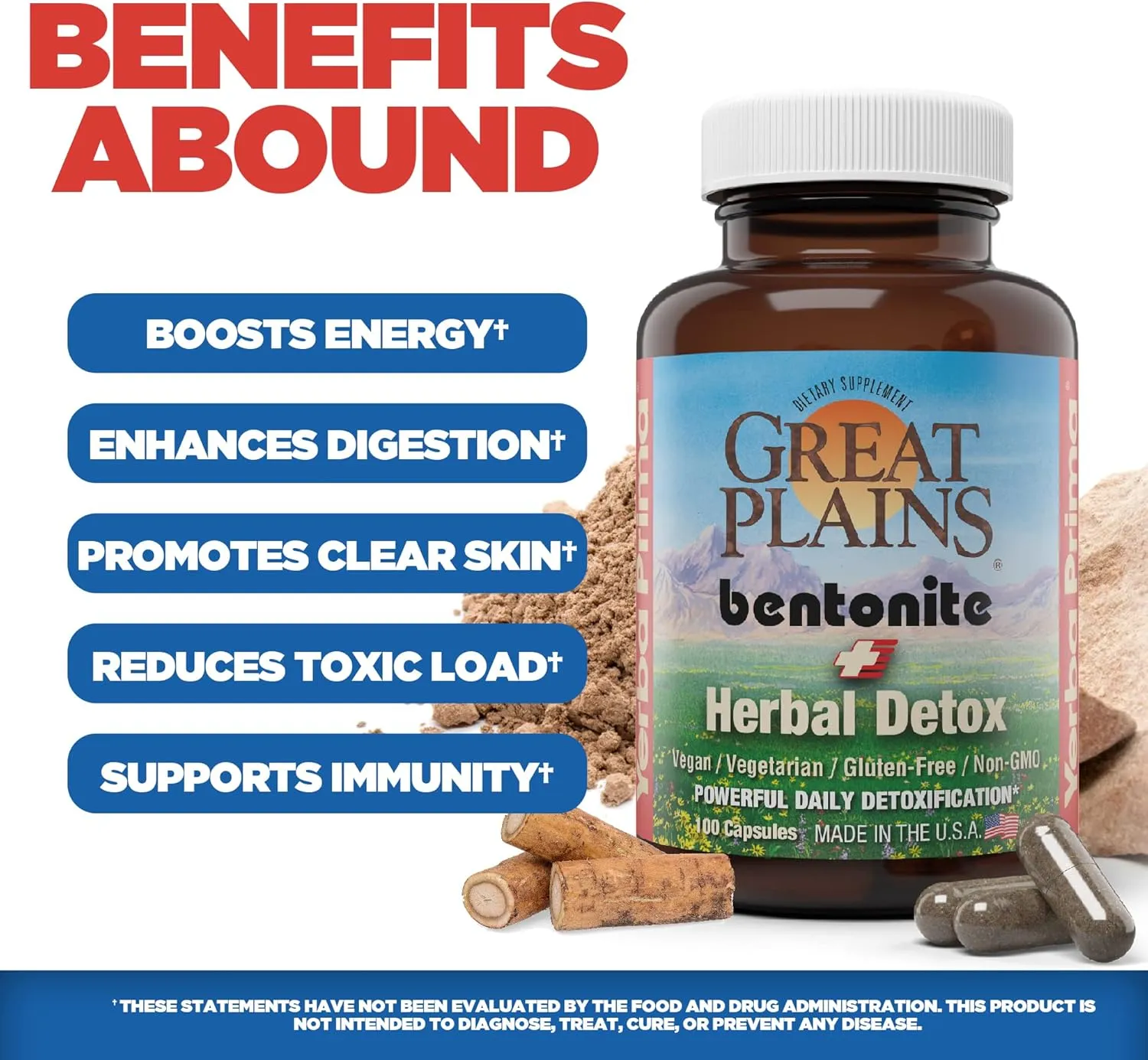 Yerba Prima Great Plains Bentonite Clay Caps Plus Herbal Detox (Pack of 2) - Food Grade - Liver & Colon Cleanse Supplement Capsules