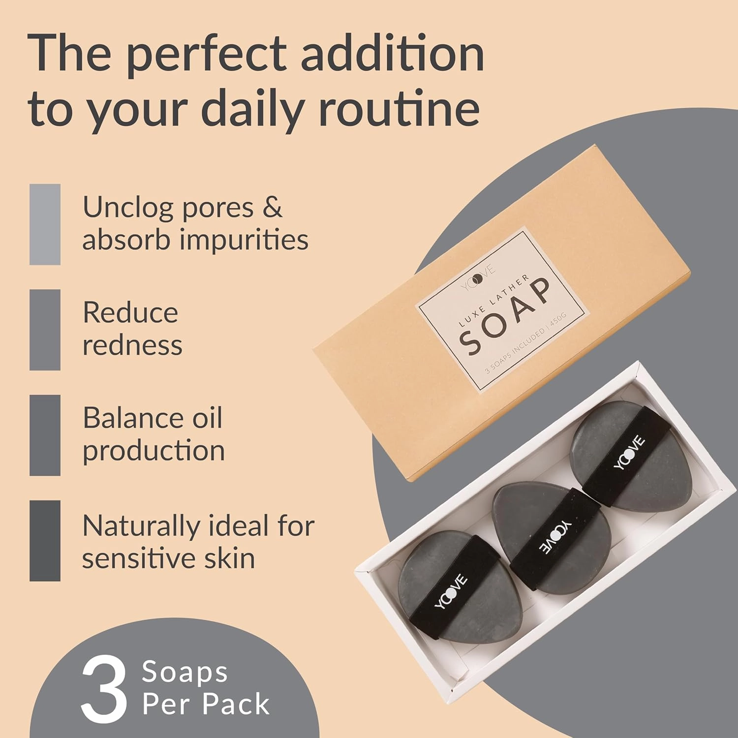 Yoove Bamboo Charcoal Soap with Scrubber, Elastic Grip, Teardrop Shape, Activated Charcoal Bar Soap to Unclog Pores, Soothe Redness, Control Oil, Organic Black Soap for Clearer & Smoother Skin, 3-Pack