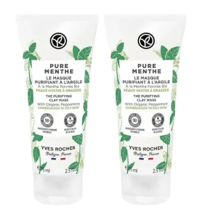 Yves Rocher Pure Menthe Purifying Clay Mask for Oily and Combination Skin Set of 2 Best Gift Kit - 75 ml./2.5 fl.oz.