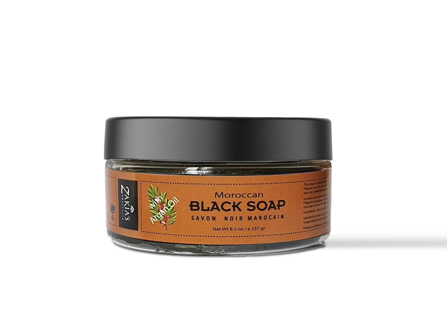 Zakia's Morocco Black Soap (Beldi Soap) with Argan Oil 100% natural Moroccan Black Soap, Body Scrub, Pure & Natural, Purifying, Cleansing, exfoliating for Hammam Ritual- 8.0 Oz / 226gr