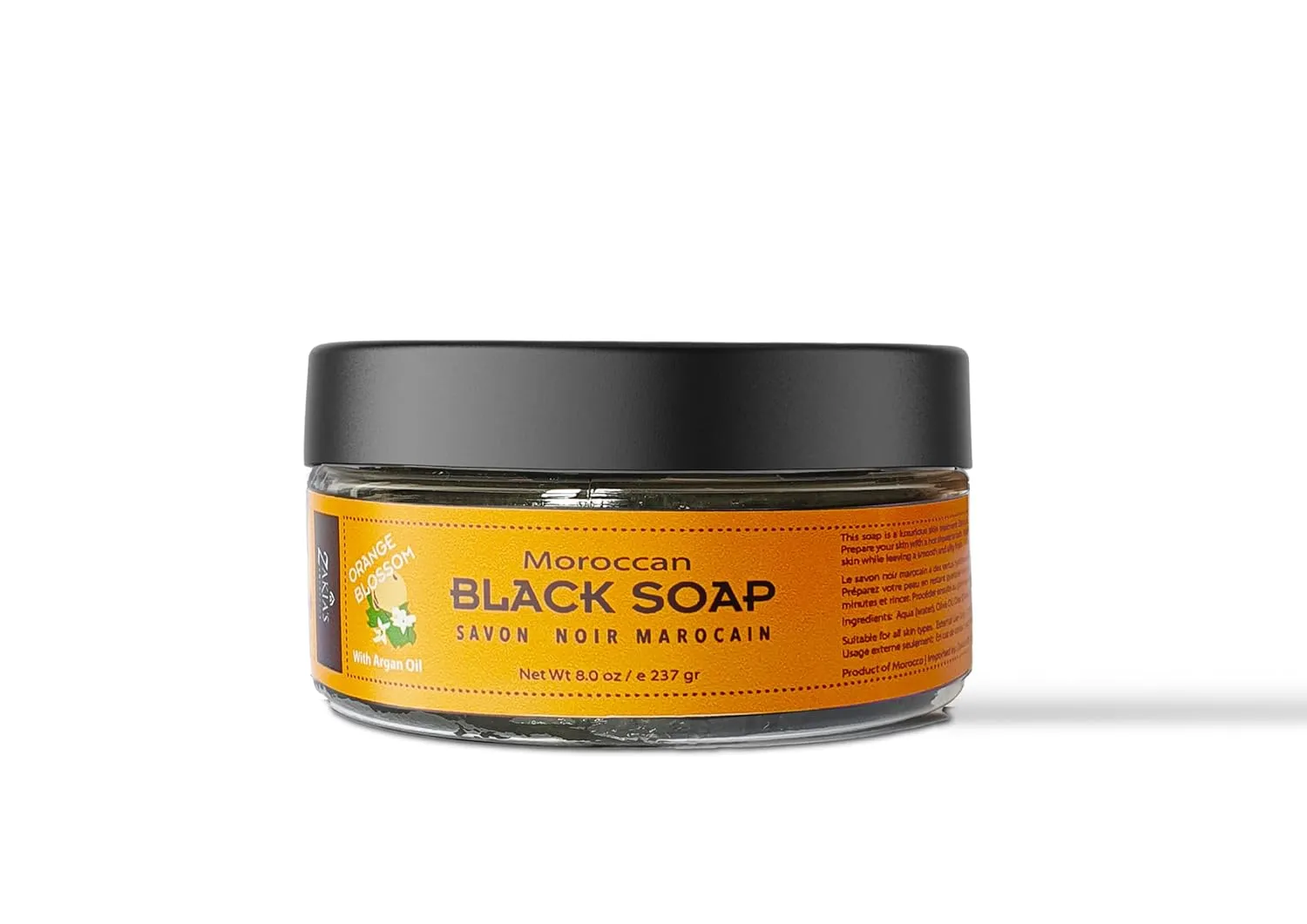 Zakia's Morocco Black Soap (Beldi Soap) with Orange Blossom - 100% natural Moroccan Black Soap, Body Scrub, Pure & Natural, Purifying, Cleansing, exfoliating for Hammam Ritual- 8.0 Oz / 226gr
