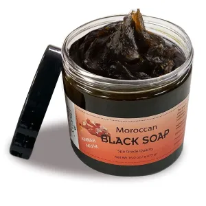 Zakia's Morocco Black Soap (Beldi) with Amber Musk Scent - 100% natural, Body Scrub, Purifying, Cleansing, exfoliating for Hammam Ritual- 16.9 Oz Value Size