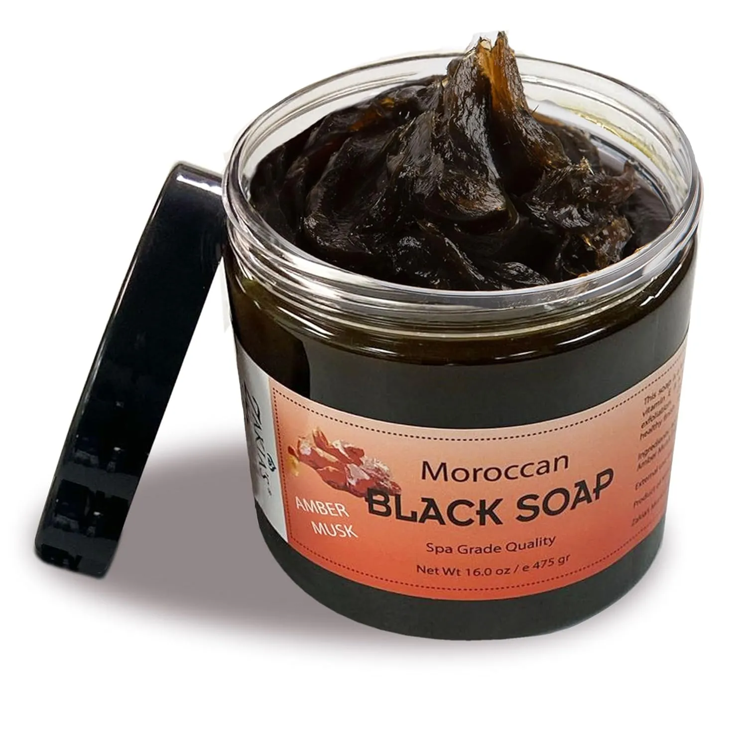 Zakia's Morocco Black Soap (Beldi) with Amber Musk Scent - 100% natural, Body Scrub, Purifying, Cleansing, exfoliating for Hammam Ritual- 16.9 Oz Value Size