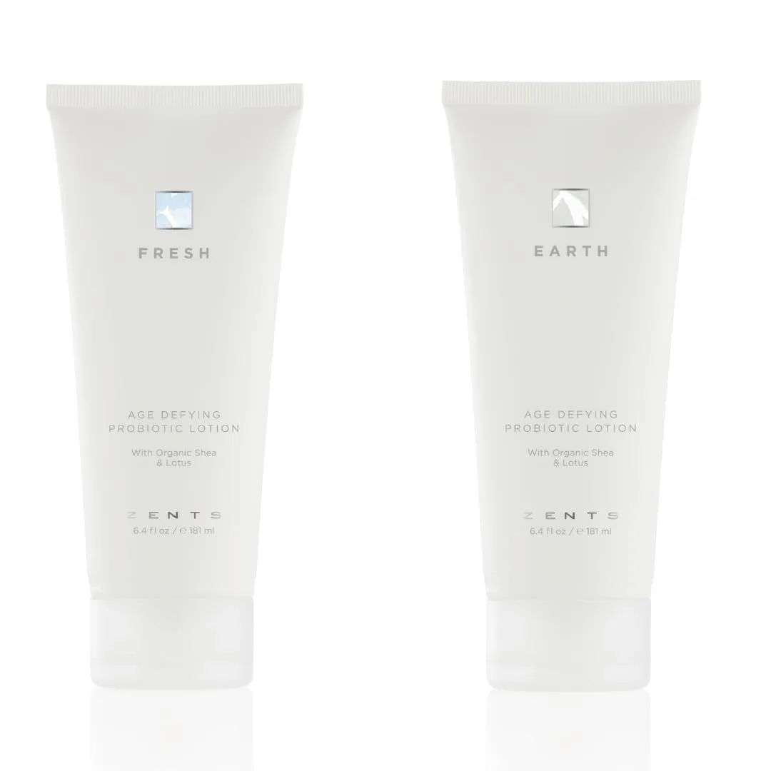 Zents Age-Defying Probiotic Lotion Set (Fresh & Earth Fragrances) | Moisturizing Lotion with Hyaluronic Acid & Organic Shea Butter | Nourishes & Hydrates Skin | 6.4 fl oz Each